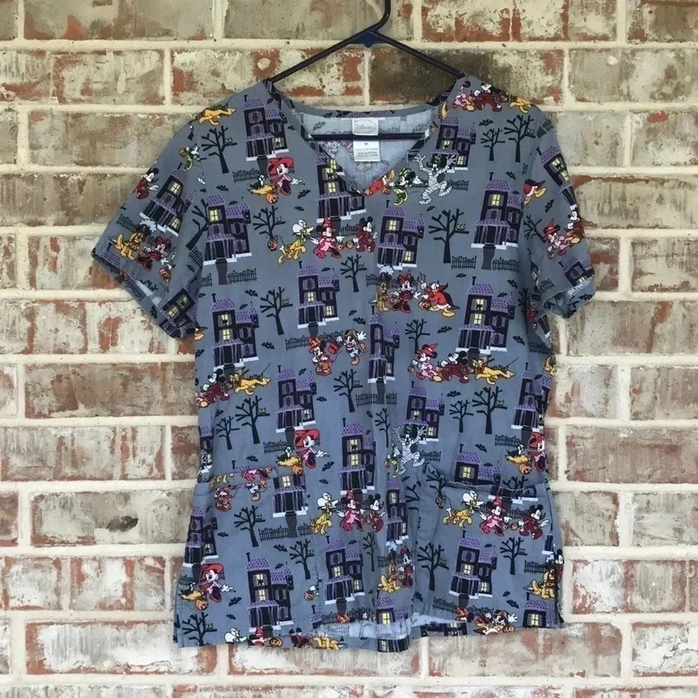 Disney Gray Micky Minnie Pluto Halloween Scrub Top